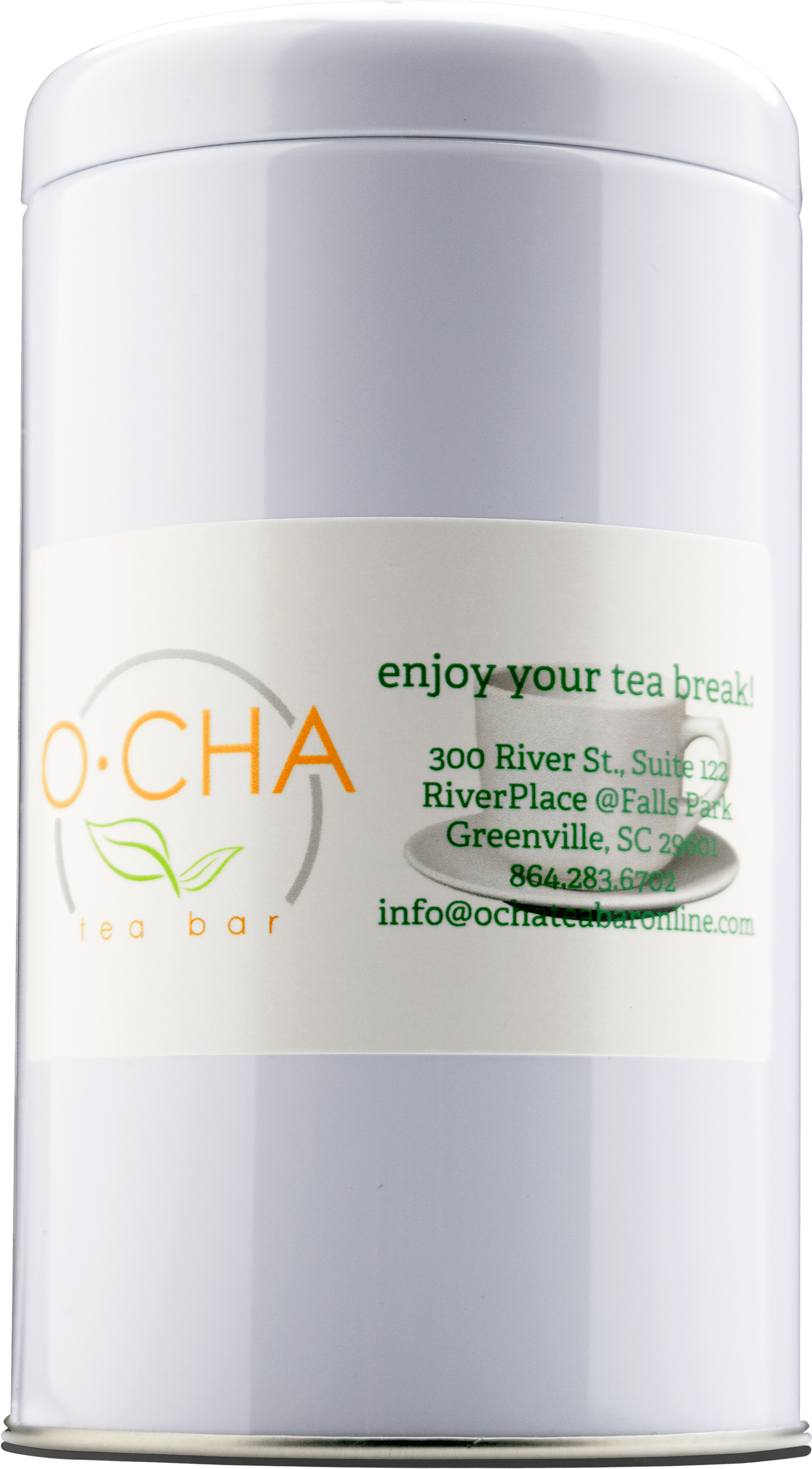 Large white metal canister for looseleaf tea from O-Cha
