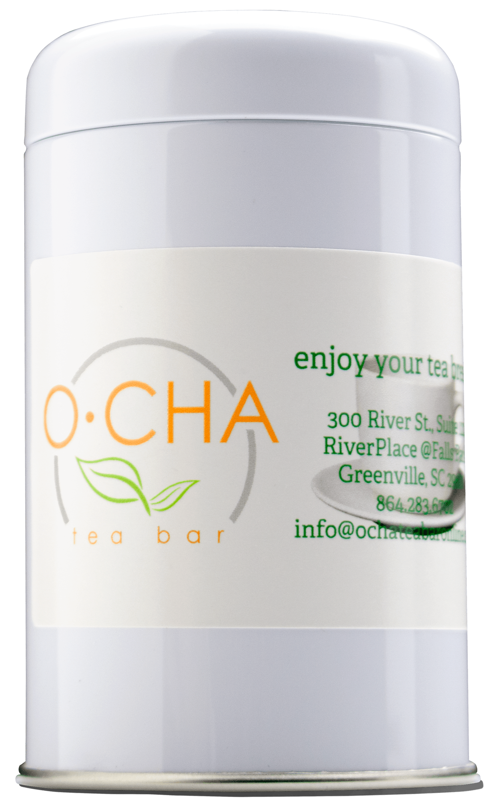 Small white metal canister for looseleaf tea from O-Cha